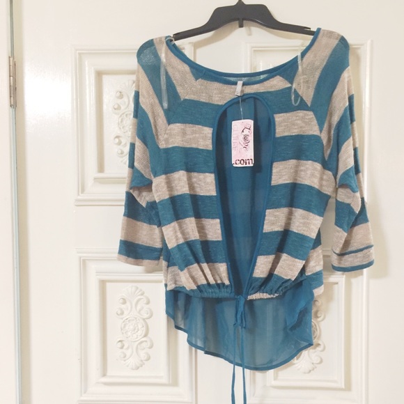 Pretty Teal & Tan Top with Fun Sheer Detailed Back - Picture 4 of 8